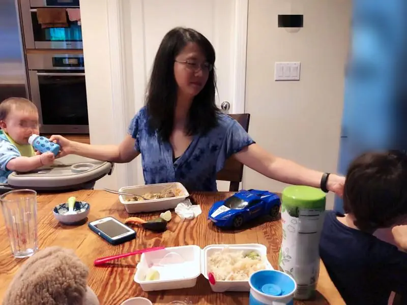 Rebecca at dinner at home with her children