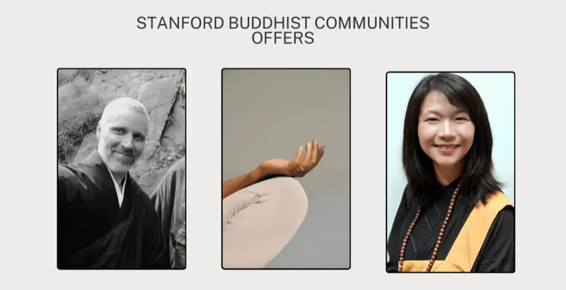 Stanford Buddhist Communities retreat flyer featuring the teachers and a meditation image